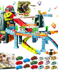 Awesome Toy Car Ramp Track With Dinosaur Spray Hills Adventure Railcar Slot Car Race Set For Kids Ages 3 To 6 Includes 20 Mini Cars And Dino Cars Classic Edition Gift, displayed with vibrant tracks and miniature cars.