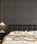 Grey Peel And Stick Wood Wall Panels 3D PVC Wood Slat Wallpaper Renter Friendly 12X197 installed in a modern bedroom interior.