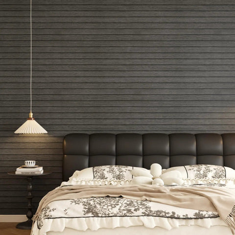 Grey Peel And Stick Wood Wall Panels 3D PVC Wood Slat Wallpaper Renter Friendly 12X197 installed in a modern bedroom interior.