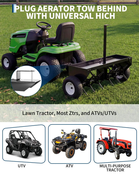 Heavy Duty 48 Inch Tow Behind Plug Lawn Aerator With Universal Hitch Deep Soil Penetration Steel Tines Tray And Inflatable Wheels For Lawns Gardens And Farms Unbreakable Steel Chassis Black attached to lawn tractor