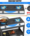 Two Burner Propane Gas Stove With Auto Ignition, Portable Stainless Steel Outdoor Kitchen Cooker, 19000 BTU, cooking meal
