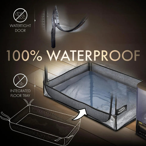 Mushroom Grow Tent With 6500K LED Light And Timer, Four Tier Shelves Fit Up To Eight Monotubs showing waterproof tray detail