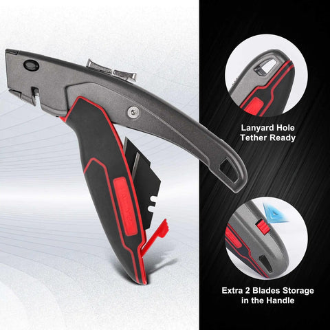 Heavy Duty Box Cutter Retractable Knife With 2 In 1 Cutting Modes, Auto Retracting Safety Knife And 3 Position Lock, Zinc Alloy Build, Blade Storage, Includes 3 SK4 Blades For Tough Jobs, lanyard hole