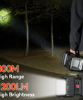 Person holding Ultra Bright Rechargeable LED Spotlight Flashlight With 1200 Lumens, 800 Meter Range, illuminating trees at night.