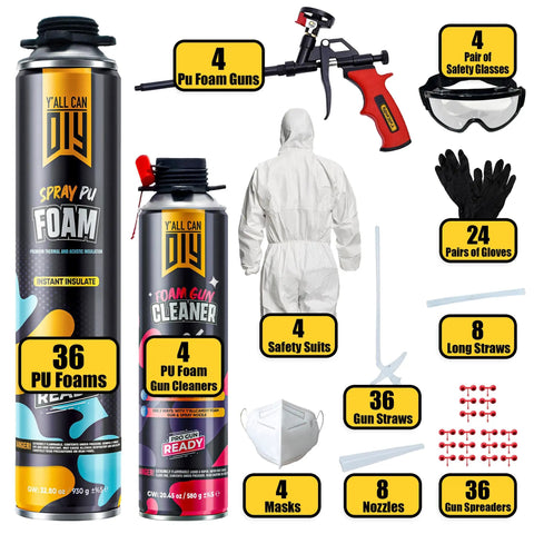 Spray Foam Insulation Kit For Walls And Attic 36 Can Pack With 25.3 Fl Oz Cans shown with guns, cleaner, safety gear, sealing tools.
