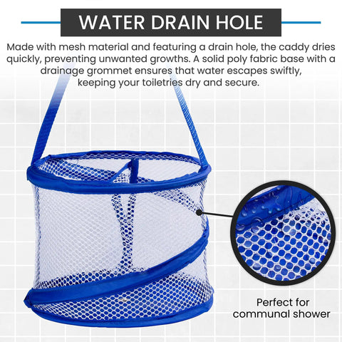 Foldable Shower Caddy Portable Organizer with drainage hole, blue mesh material, and carry handle