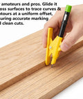 Adjustable Parallel Scribe Tool Slick Edge Tracker tracing curves on wooden surface with built-in pencil holder for carpentry.