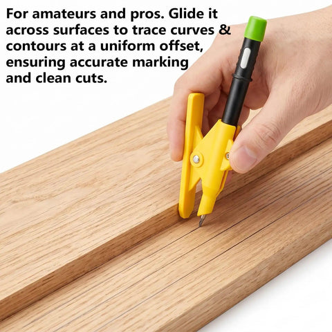 Adjustable Parallel Scribe Tool Slick Edge Tracker tracing curves on wooden surface with built-in pencil holder for carpentry.
