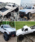 Rugged All Terrain 4x4 RC Crawler Truck 1 Sixteenth Scale Remote Control Pickup RTR Off Road Toy Car In White On Rocks