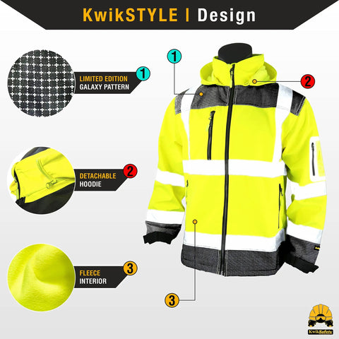 Galaxy Limited Edition Pattern Class Three Reflective Softshell Jacket Water Resistant Breathable Fleece Lined High Visibility Safety Gear For Construction Workers Road Crews And More In Yellow Xl Size with detachable hoodie and fleece interior.