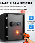 Four In One Personal Safe For Your Pad Or Office With 1.69 Cu Ft And 0.1 Second Quick Access Unlock By Fingerprint App Key And Customizable Passcode Perfect For Money Jewelry showing smart alarm system feature with a drill pointed at the door.