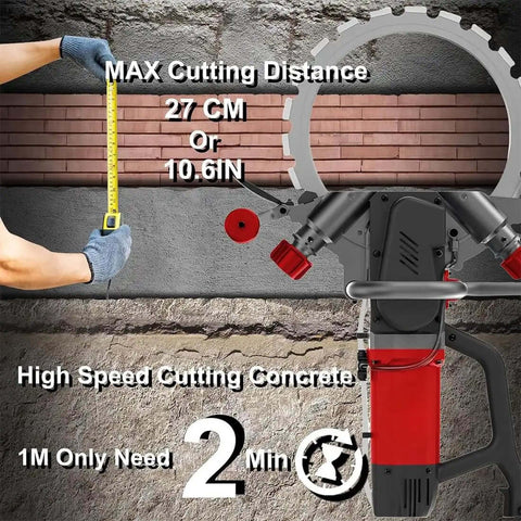 Heavy Duty Brushless Electric Concrete Saw And Wall Chaser Wet Saw 9500W Pro Grade close-up showing max cutting distance and handle.