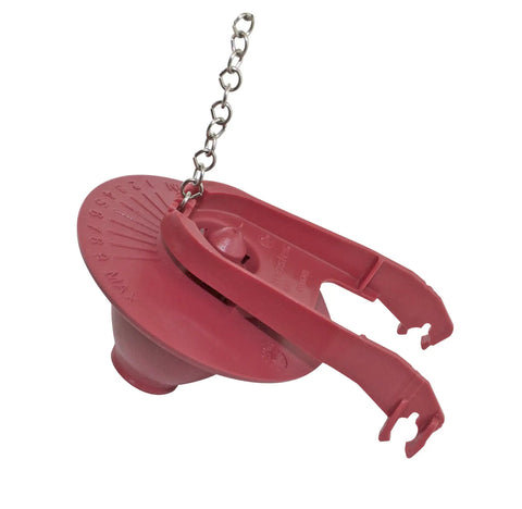 Close-up of red flapper from PerforMAX Universal High Performance Toilet Fill Valve and Flapper Repair Kit for 2-Inch Flush Valves.