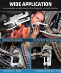 Heavy Duty 5 In 1 Ball Joint Separator And Pitman Arm Puller Kit With Tie Rod End Remover in use for vehicle repairs.