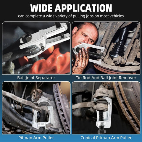 Heavy Duty 5 In 1 Ball Joint Separator And Pitman Arm Puller Kit With Tie Rod End Remover in use for vehicle repairs.