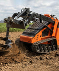 Mini skid steer with Six Inch Radius Beefy Torque Auger Drill Bit Drive digging post hole in farm soil, showcasing 22-inch depth capability
