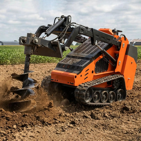 Mini skid steer with Six Inch Radius Beefy Torque Auger Drill Bit Drive digging post hole in farm soil, showcasing 22-inch depth capability