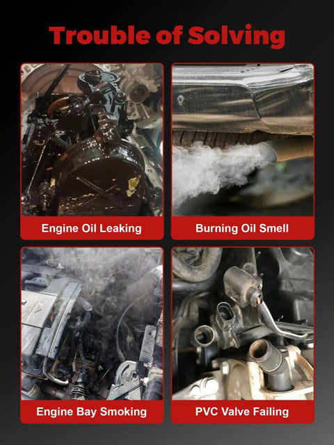 Collage showing issues: engine oil leaking, burning oil smell, engine bay smoking, and PVC valve failing.