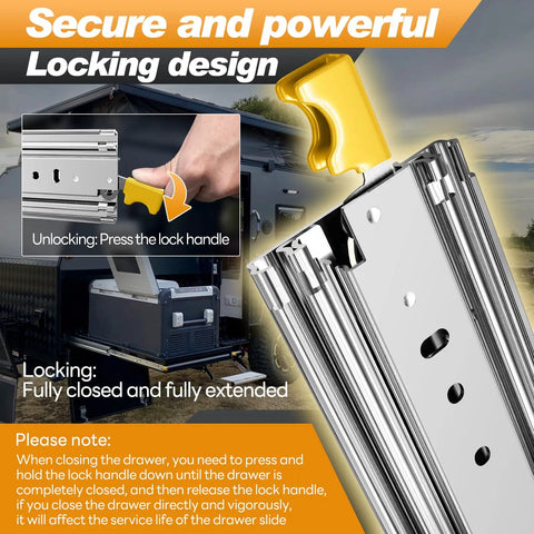 Heavy Duty Locking Drawer Slides With Full Extension Ball Bearings, Side Mount Rails, 500 Lb Capacity being locked securely.