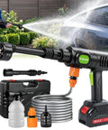Cordless Car Washing Tool With 6 In 1 Nozzle And Foam Cannon in use, showing battery operated cleaner spraying car