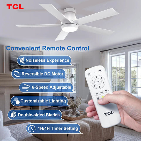 52 Inch Ceiling Fan With Lights with remote in living room, featuring white flush mount and reversible blades.