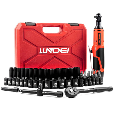 Beefed Up Pro Grade Three Eighths Inch Cordless Electric Ratchet Wrench Kit With Fifty Two Piece Socket Set Including Metric Sockets E Torx Bits Hex Bits Universal Joint Extensions Sliding T Handle And Case For Auto Repair And DIY, 3/8 in ratchet kit with sockets and case