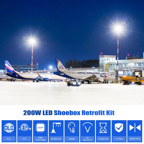Night view of airport parking lot using 200W Shoebox LED Retrofit Kit with 29000 lumens at 5000K for high-efficiency lighting.