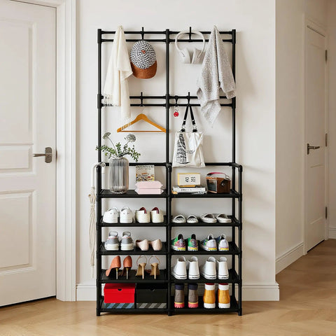 Five Tier Coat And Shoe Rack With Eight Hooks Double Row Organizer For Entryway And Living Spaces Keeps Shoes Hats Bags Neatly