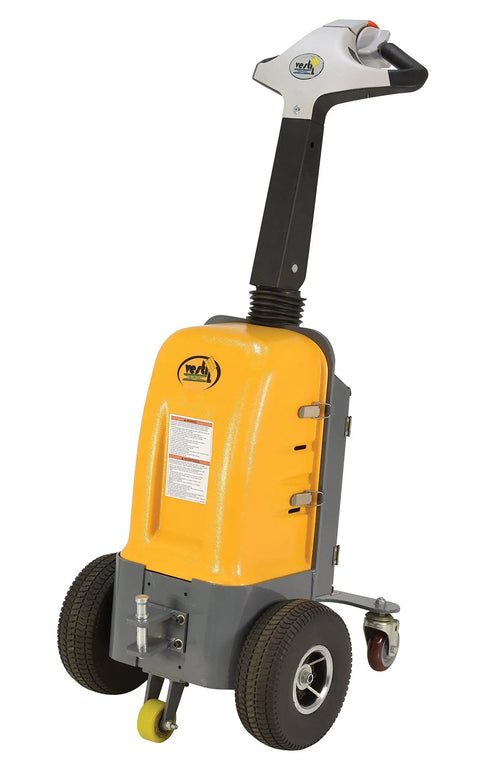 Heavy Duty Electric Powered Tugger With 1000 Lb Pull Capacity For Effortless Factory Material Handling Featuring ergonomic handle and bright yellow finish.