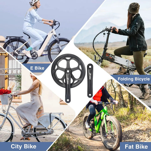 48T Steel Chainring Crankset With Double Chain Cover And 170mm Aluminum Arms Built For Single Speed To 8 Speed E Bikes Folding Bicycles And 6/7/8 Speed Systems displayed with various bike types including e-bike, folding bike, city bike, and fat bike.