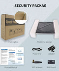 Packing box and accessories of 18.5 Inch Android 11 All In One Touchscreen Monitor, including manual and protective sponge.