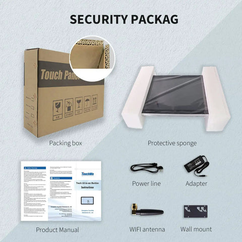 Packing box and accessories of 18.5 Inch Android 11 All In One Touchscreen Monitor, including manual and protective sponge.