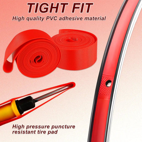 Close-up of red PVC rim tape roll and installed strip on wheel, focus keyword: Rim Tape Set For Road And Mountain Bikes, 700C Fit