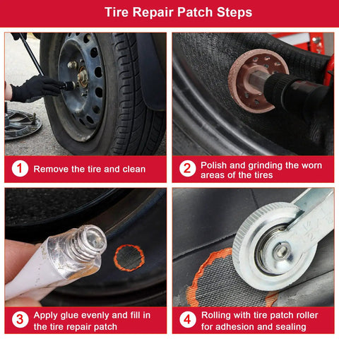 Tire repair steps with Two Pack Tire Patch Tools Kit With Strong Patch Roller And Buffing Wheel for quick fixes.