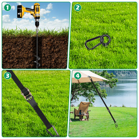 Trampoline Anchors Kit 4 Pack With 18-Inch Ground Stakes, Ratchet Straps, T-Handle, Hex Wrench and Carabiners used outdoors