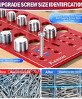 Kease red screw size gauge for identifying screw, nut and bolt sizes; front view with metal screws.