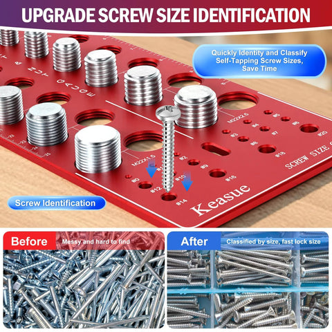 Kease red screw size gauge for identifying screw, nut and bolt sizes; front view with metal screws.