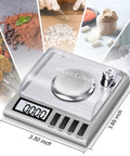 Digital Milligram Scale for ultra precise 50g capacity with 0.001g steps, spot on accuracy, tare function, auto off, six weighing units including g, oz, ozt, dwt, ct, gn, plus handy accessories for powder and lab use. Stainless steel scale with flip cover and 20g weight