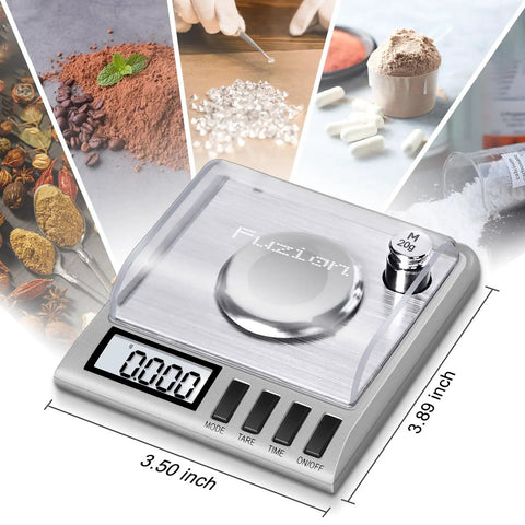 Digital Milligram Scale for ultra precise 50g capacity with 0.001g steps, spot on accuracy, tare function, auto off, six weighing units including g, oz, ozt, dwt, ct, gn, plus handy accessories for powder and lab use. Stainless steel scale with flip cover and 20g weight