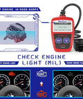 OBD2 Car Scanner With Engine Fault Codes And Emissions Status Check Engine Light Reader CAN Diagnostic Tool For 1996 And Newer OBDII Vehicles Read DTCs Fast Live Data And Vehicle Status Not For FCA Vehicles showing interface and dashboard use.