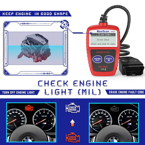 OBD2 Car Scanner With Engine Fault Codes And Emissions Status Check Engine Light Reader CAN Diagnostic Tool For 1996 And Newer OBDII Vehicles Read DTCs Fast Live Data And Vehicle Status Not For FCA Vehicles showing interface and dashboard use.