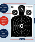 Made In USA Paper Shooting Range Silhouette Targets 50 Sheets 17x25 Inch black 4-zone target with measurement labels