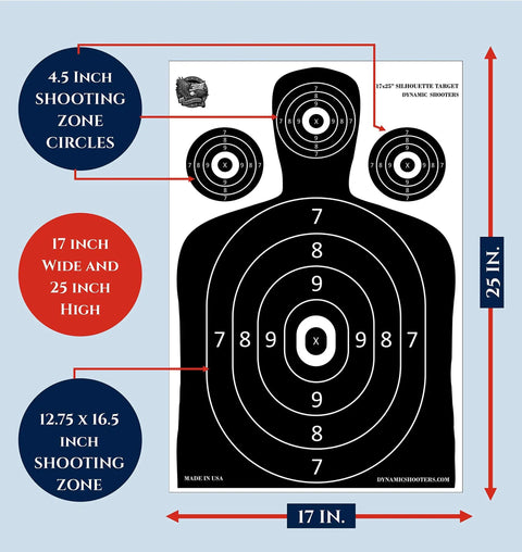 Made In USA Paper Shooting Range Silhouette Targets 50 Sheets 17x25 Inch black 4-zone target with measurement labels