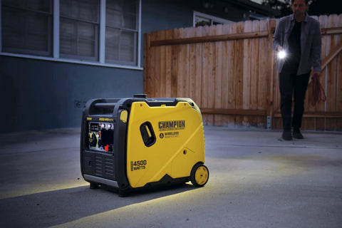 Portable 4500-Watt Inverter Generator With Wireless Remote Start And Quiet Technology on pavement at dusk