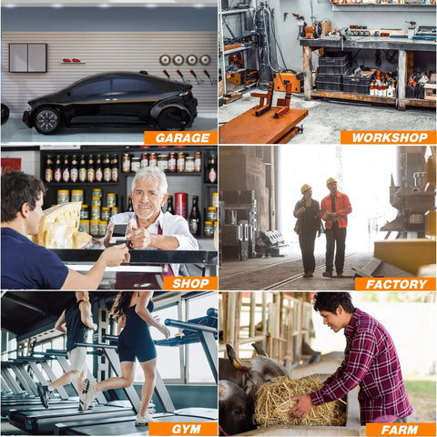 Composite image showing different environments including a garage, workshop, shop, factory, gym, and farm.