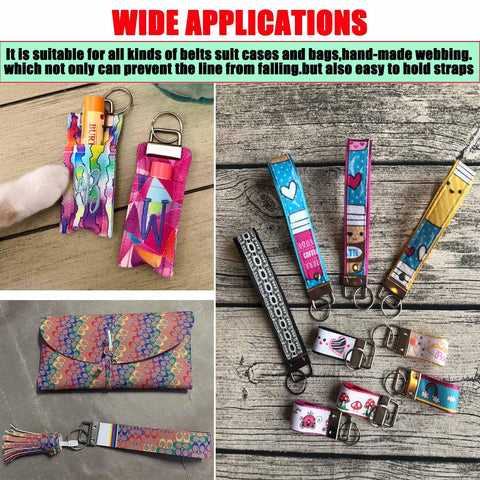 60 Piece 1 Inch Key Fob Hardware Kit With Installation Pliers Four Color Set Silver Black Bronze Gold DIY Lanyard And Wristlet Keychain Making For Craft Projects And Luggage Tags displayed with colorful fabric designs.