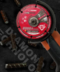 Front view of EZARC diamond cutting wheel, 3 x 3/8 in, red label, for die grinder; 2-pack.