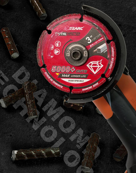 Front view of EZARC diamond cutting wheel, 3 x 3/8 in, red label, for die grinder; 2-pack.