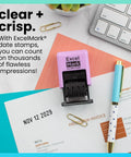 No Sweat Self Inking Date Stamp For Fast Shipping Receiving And Inventory Tracking Clean Black Ink With Easy Twist Dials For Expiration Checks And Reliable Violet Mount on paper with date imprint.