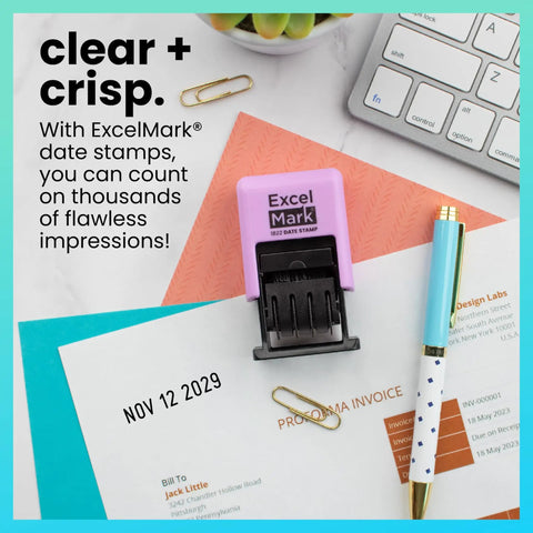 No Sweat Self Inking Date Stamp For Fast Shipping Receiving And Inventory Tracking Clean Black Ink With Easy Twist Dials For Expiration Checks And Reliable Violet Mount on paper with date imprint.
